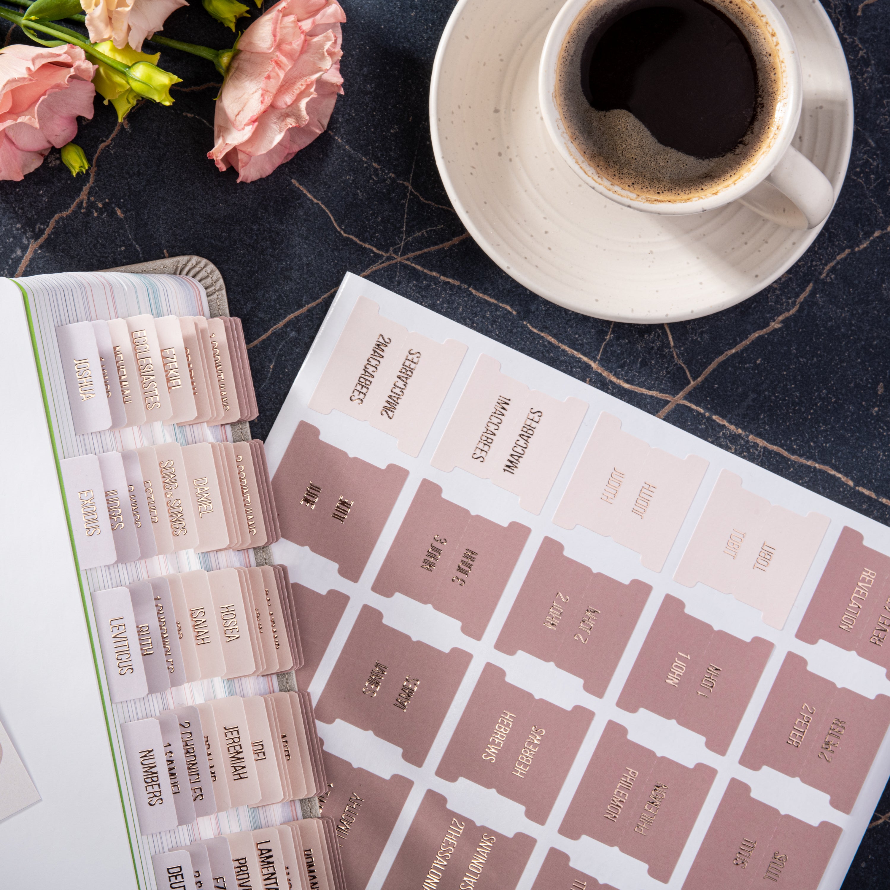 Bible Tabs - Pearl Theme (Rose Gold Embossed Lettering)
