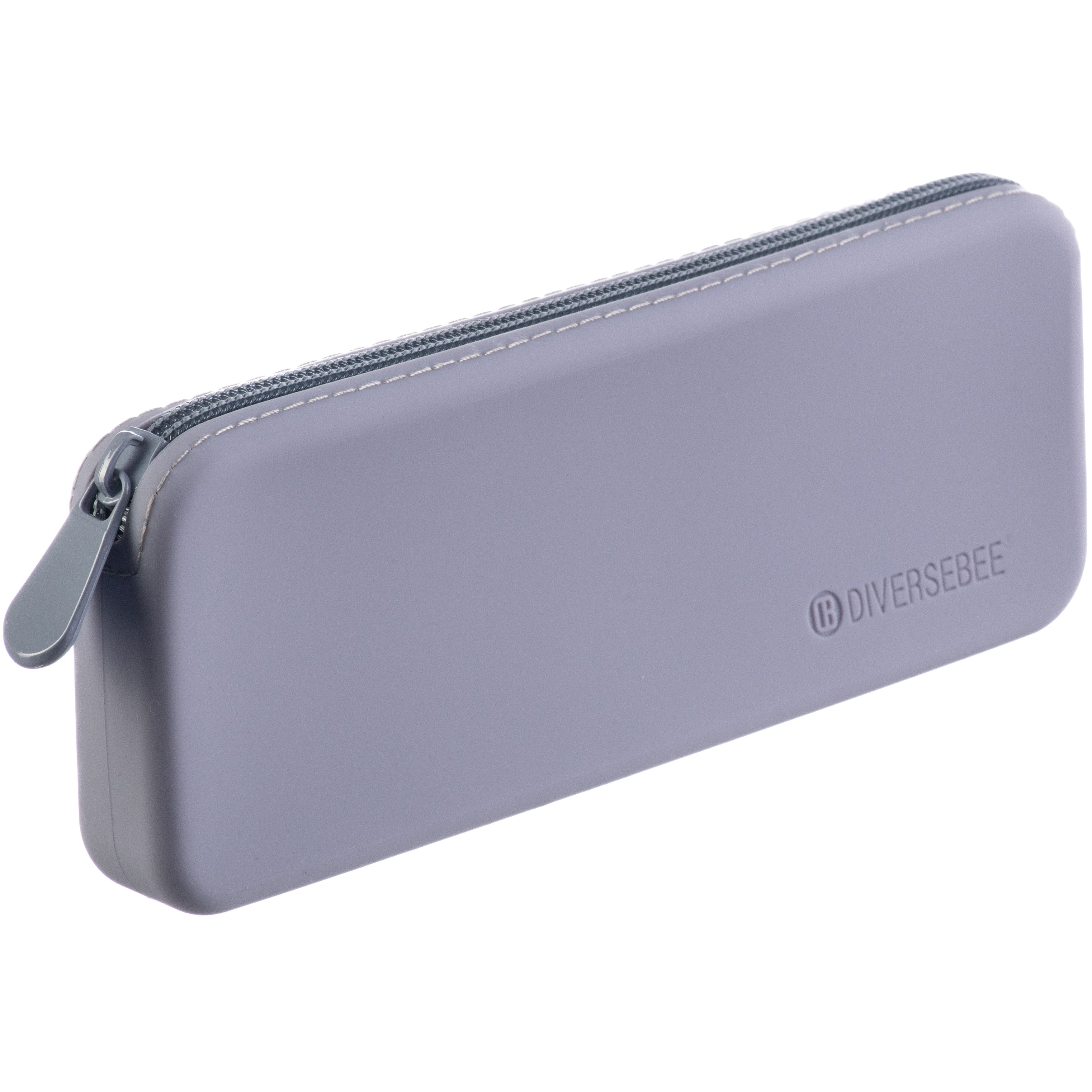 Purple pencil case with zipper and 'Diversebee' branding on a white background
