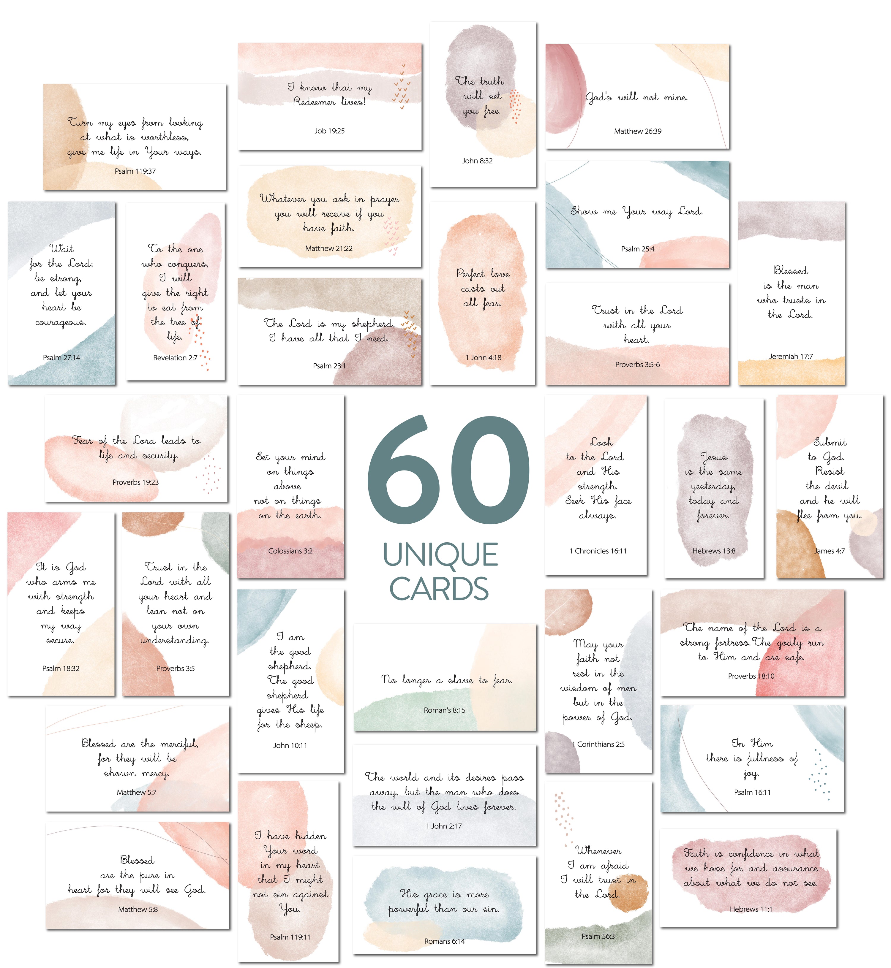 Bible Verse Cards (60 Unique Cards) - Watercolor