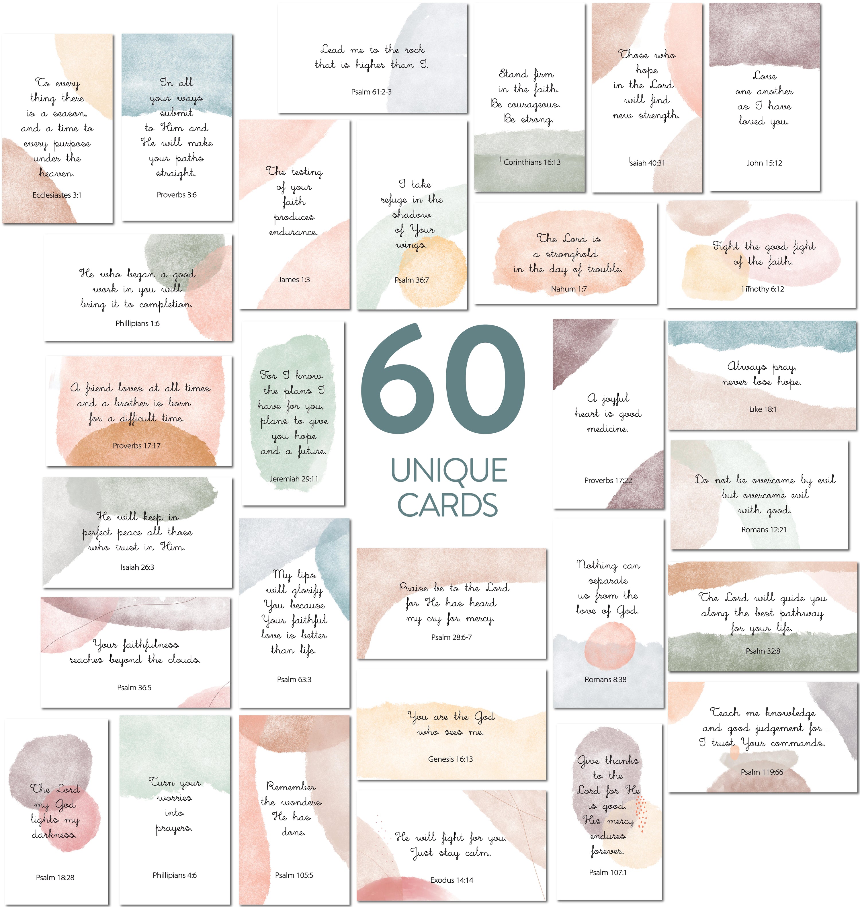 Bible Verse Cards (60 Unique Cards) - Watercolor